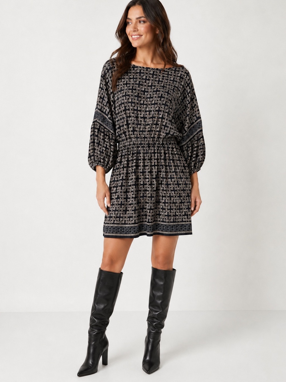 Max Studio Black and Cream Geometric Print Mini Dress